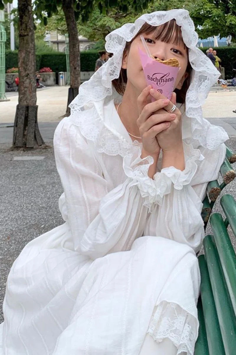 

ZCSMLL Korean Lace Stitching Hooded Lace-up White Vestido Waist Ruffled Flared Sleeve Dress Women 2021 Spring Summer