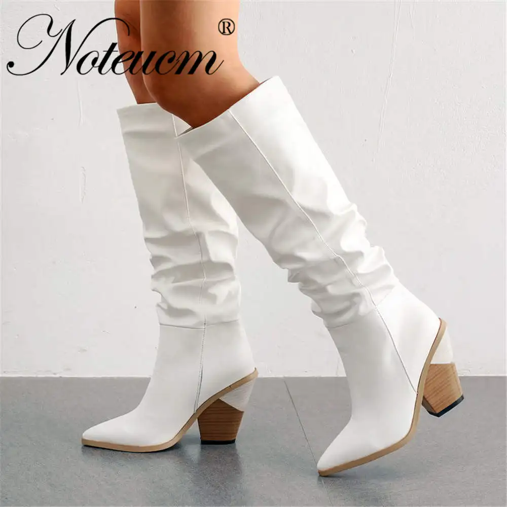 казаки Женские коричневые черные белые кожаные 2019 г. Модные осенние высокие