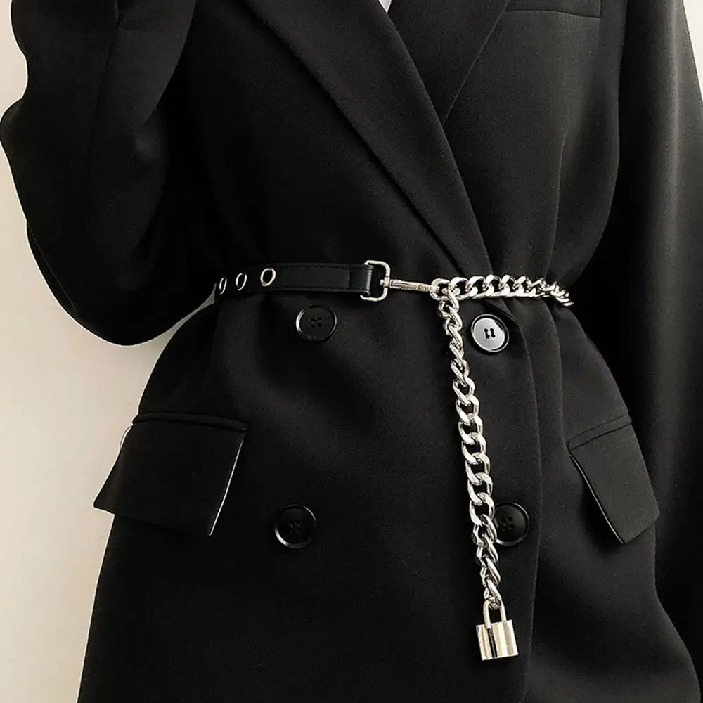 

1PC Belt Decor Lock Pendant Leather Thick Chain Stitching Thin Waistband Matching Suit Dress Shirt All-Match Punch-Free Belt