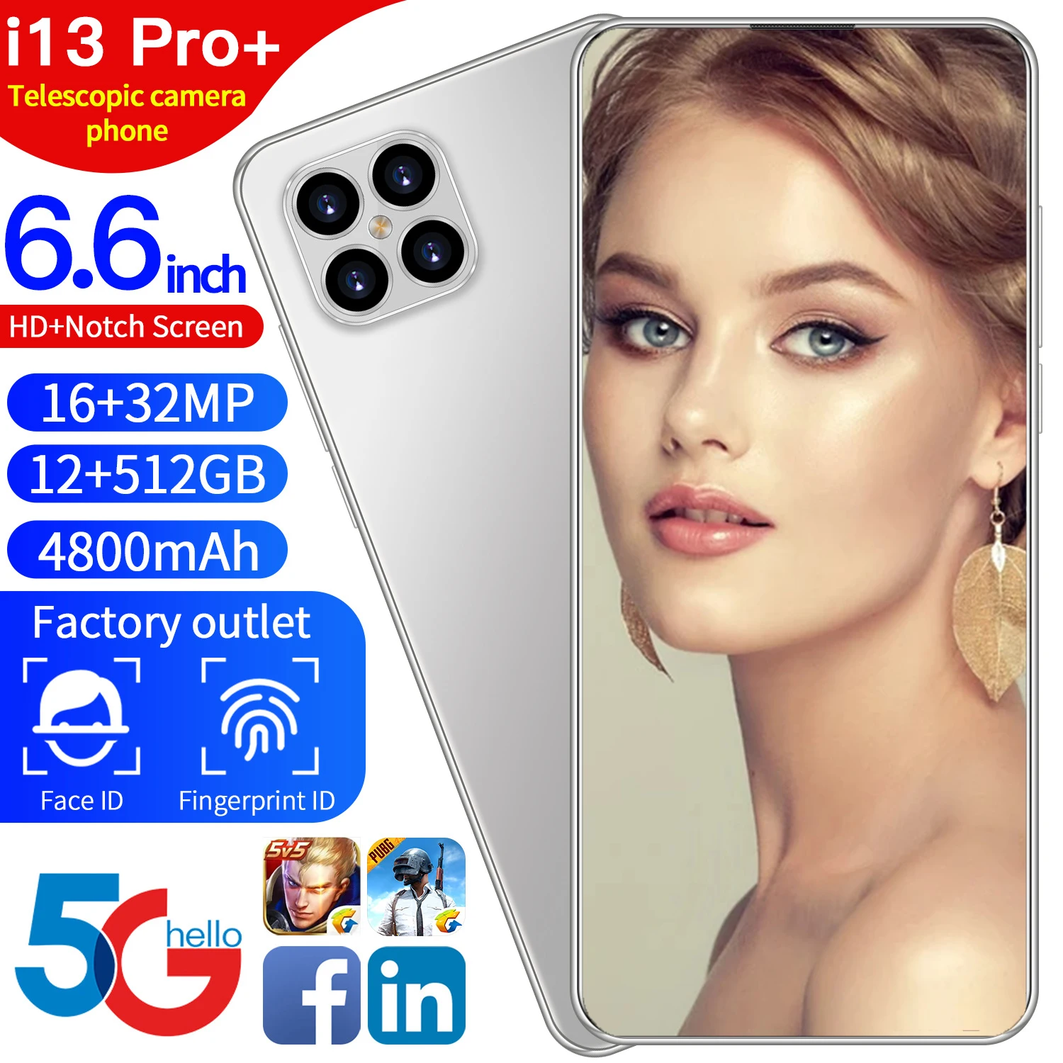 

New Fashion I13 Pro Global Version 6.6 Inch Screen 4800mah 12GB 512GB Snapdragon 888 16MP 32MP Camera Face ID 5G Mobile Phone