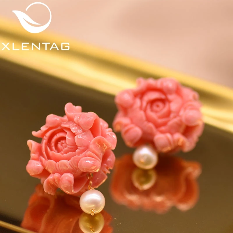 XlentAg Коралловая пудра серьги-гвоздики для женщин натуральный пресноводный белый жемчуг серьги Роскошные ювелирные украшения Aretes De Mujer GE0412