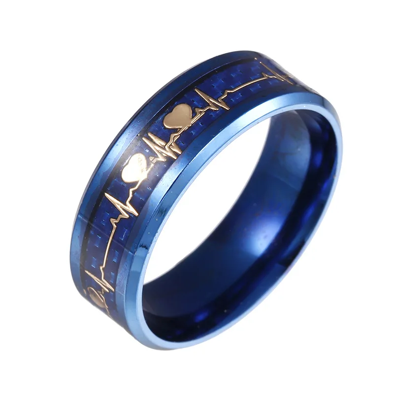 

Blue plated carbon fiber couple ECG titanium steel ring