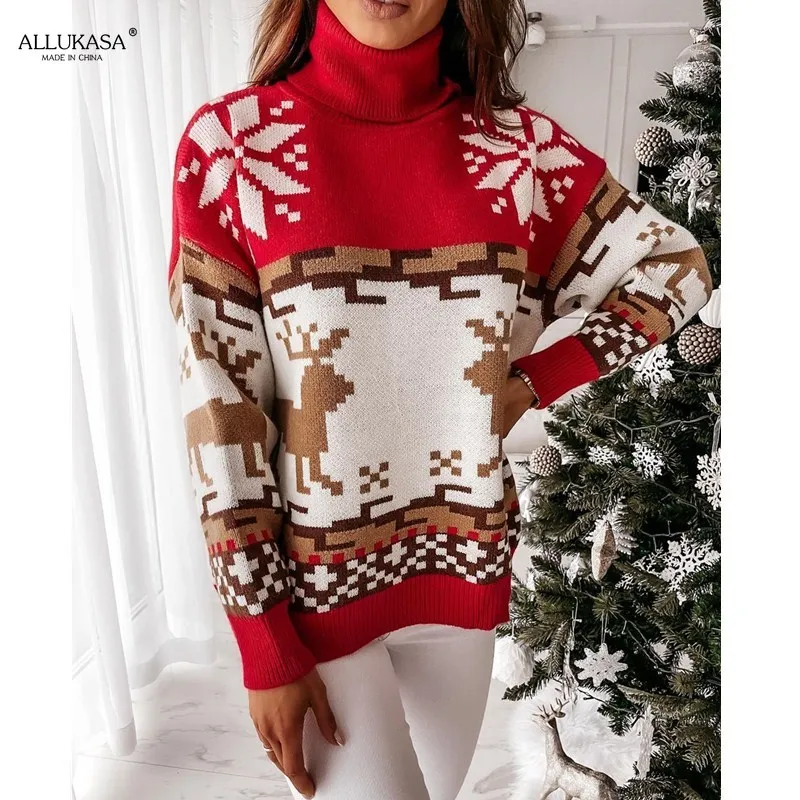 

2021 Christmas Winter New Sweater Turtleneck Elk Christmas Jacquard Knitted Sweater Print Christmas Dress Up Clothing Lady