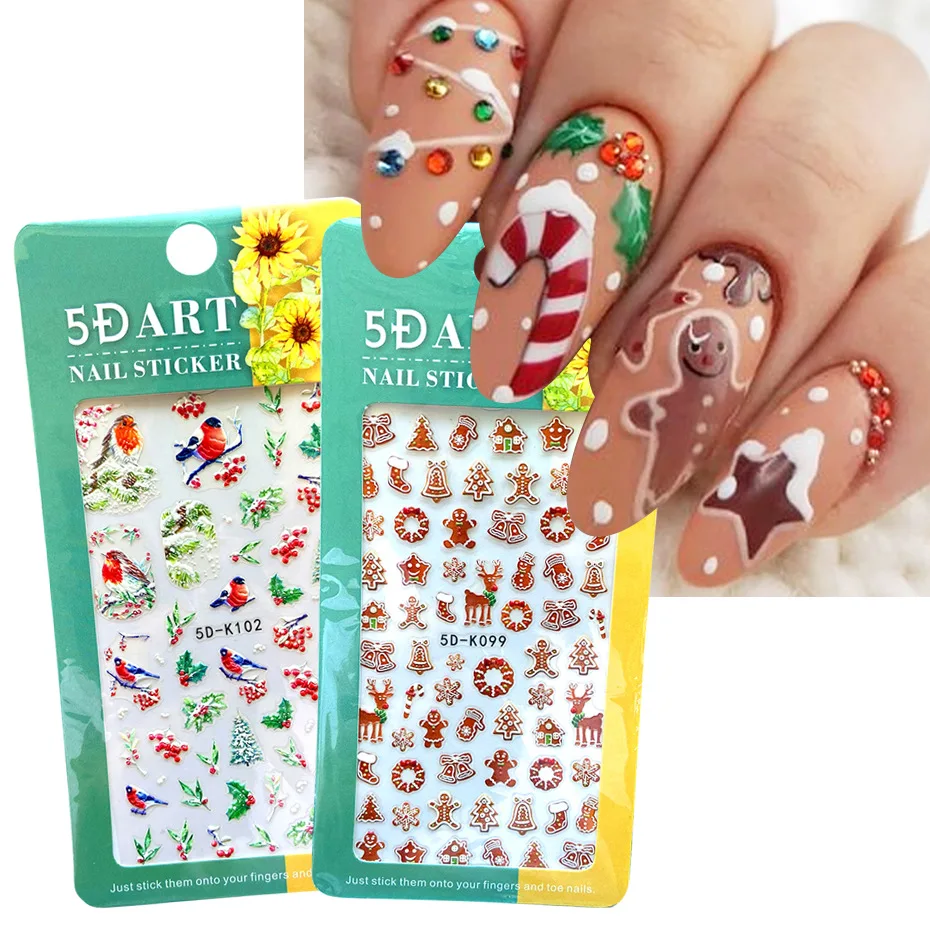 

5D Embossed Stickers Christmas Nail Art Design Winter Charms Flower Manicure Slider Decals Self-adhesive Snowflake Nail Stickers