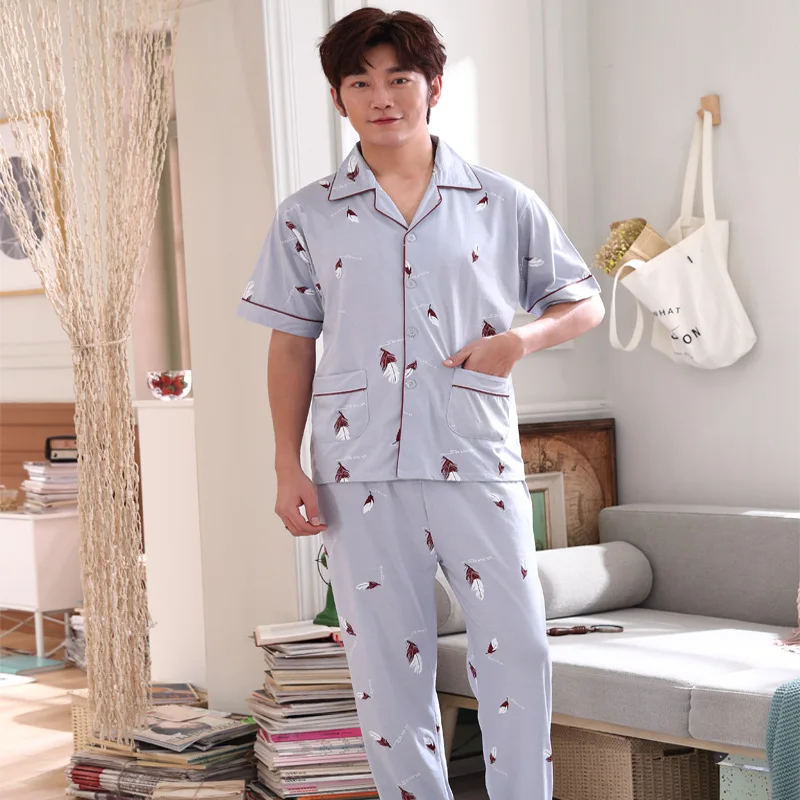 Men Cotton Pajamas Set Summer pijama hombre Homewear Sleepwear Short Sleeve Trousers Leisure sexy pajamas for men Big size 3XL