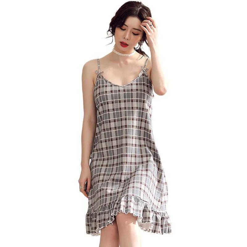 

Summer Cotton Pajamas Thin Print Suspenders Nightdress Sweet Student Plus Size Loose Ladies Home Clothing