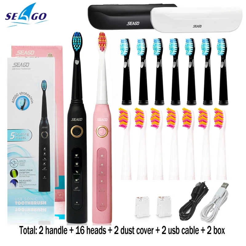 black pink box head Seago SG-507, электрическая зубная щетка для взрослых с таймером, электрическая зубная щетка с зарядкой от USB, 3 шт., Сменная головка щетки - Цвет: black pink box head