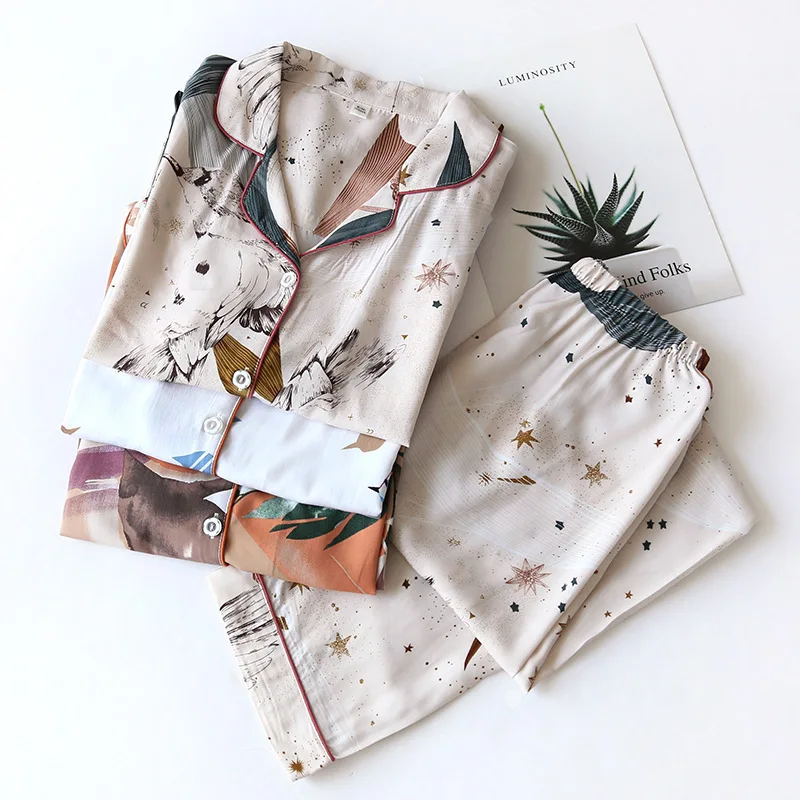 

Cotton silk pajamas women summer two-piece summer thin long-sleeved rayon pajamas summer cotton silk suit
