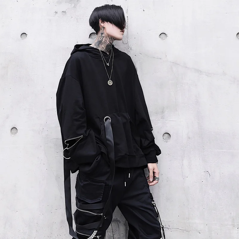 Unique Men's Black Hooded Sweatshirts Oversized Ribbon Fashion Hoodies Male Hip hop Streetwear Baggy Techwear Pullover Tops Man | Мужская