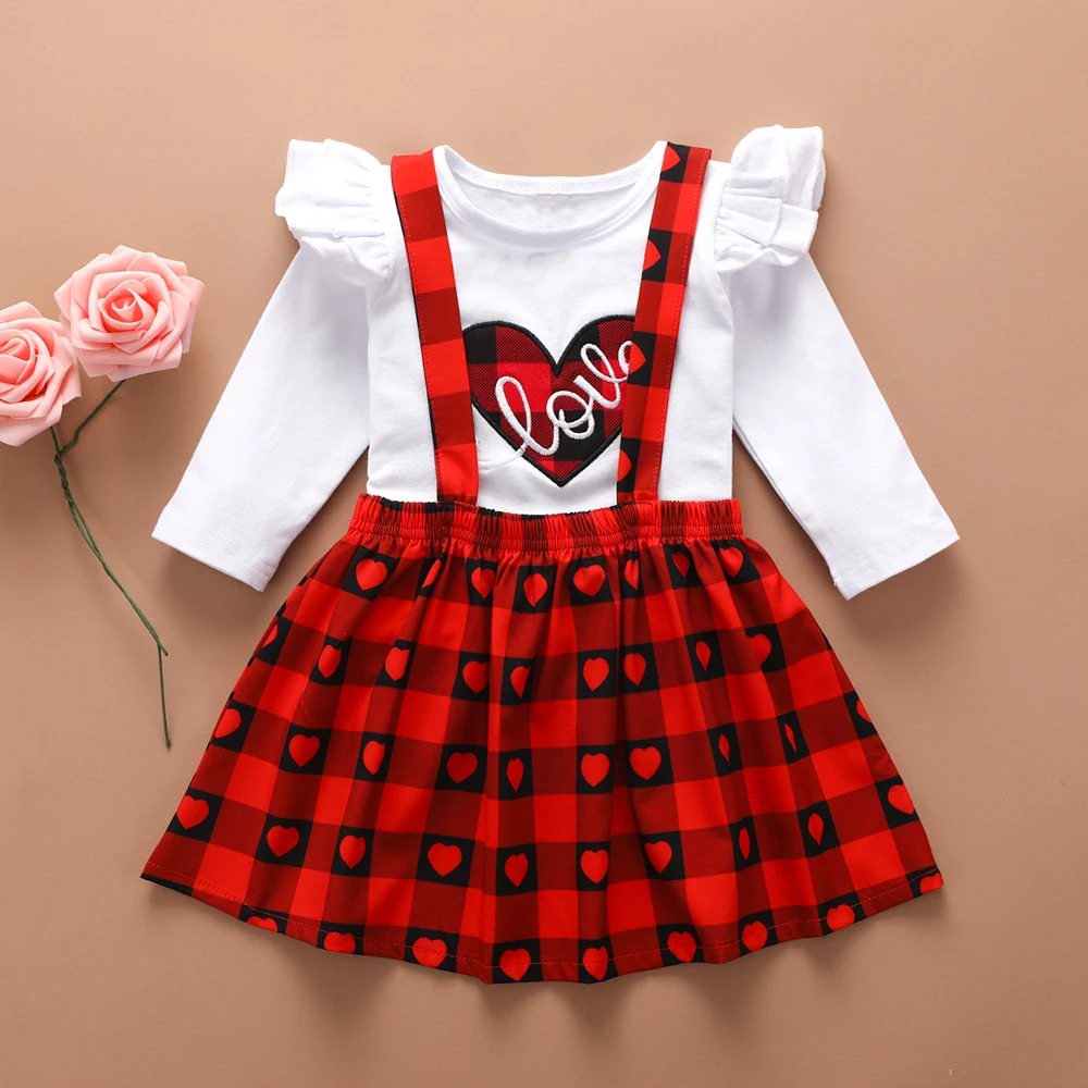 OEAK Toddler Kids Baby Girls Valentine's Day Heart Tops Plaid Skirts Outfits Clothes Long Sleeve Summer Clothing Sets | Мать и