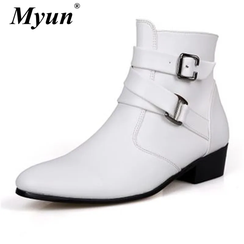 

New spring Autumn Men pointed toe height increase ankle boots male fashion Genuine leather white dress high tops High heels