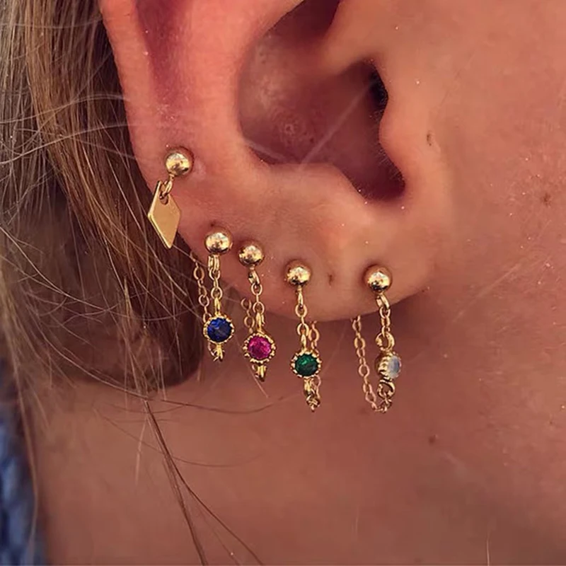 

WTLTC 4 Color Cubic Zirconia Front Back Earrings for Women Punk Stylish Sparkly Thin Chain Wrap Earrings Threader for Her Gifts