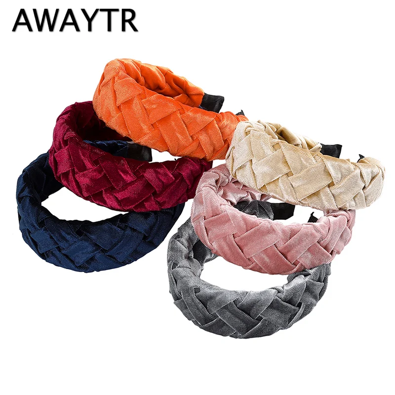 AWAYTR, осенне-зимняя бархатная оплетка, повязка на голову для женщин, модная, крученая, с широкими полями, повязка на голову, коса, однотонный цвет, аксессуары для волос