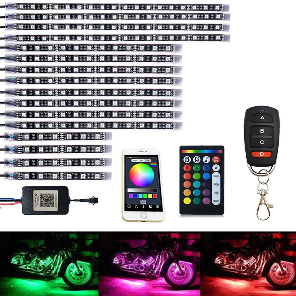

16PCS LED Strip Motorcycle Light Kit APP Bluetooth Controller RF Remote Control RGB Colorful Music Rhythm Mode Brake Function