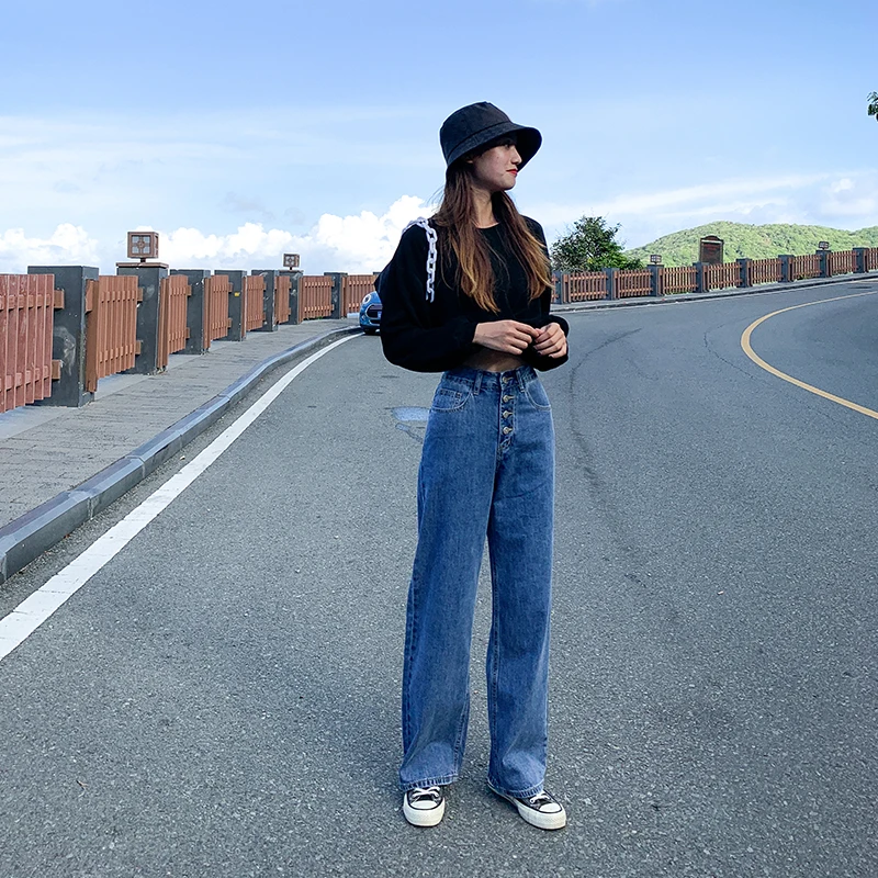 

2021 New Jeans Single-Breasted Women's High-Waisted Loose-Fitting Wide-Leg Pants With High and Thin Drape