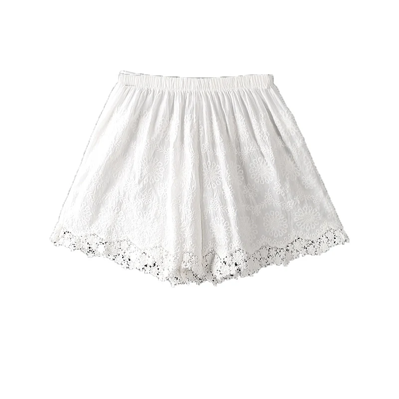 

New Summer Fully Embroidery FLower Wide Leg Shorts Women Solid Elastic Waist Hollow Flower Hem Casual Shorts 6636