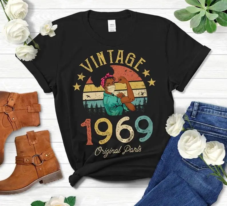 

Vintage 1969 original parts T-shirt African American women with masks 52 years old birthday gift idea girl mom wife 100% cotton