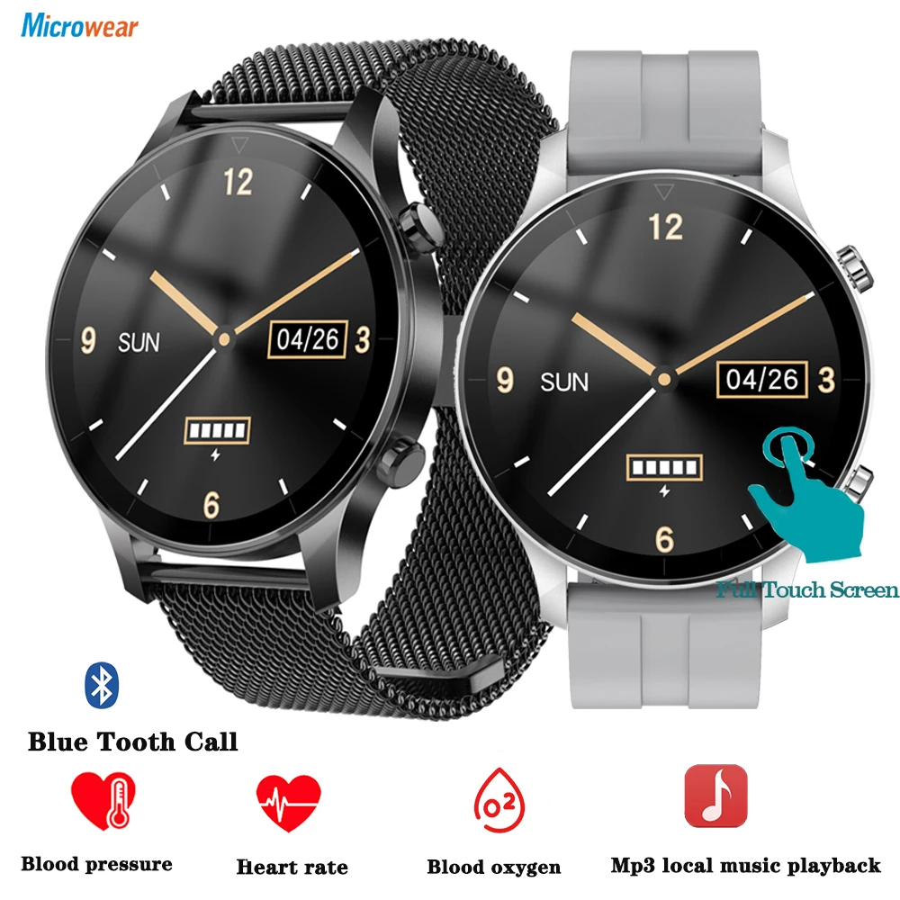 Smartwatch com tela touch azul, relógio inteligente esportivo à prova d'água com chamada de dente azul para homens, música, frequência cardíaca, relógio inteligente para negócios