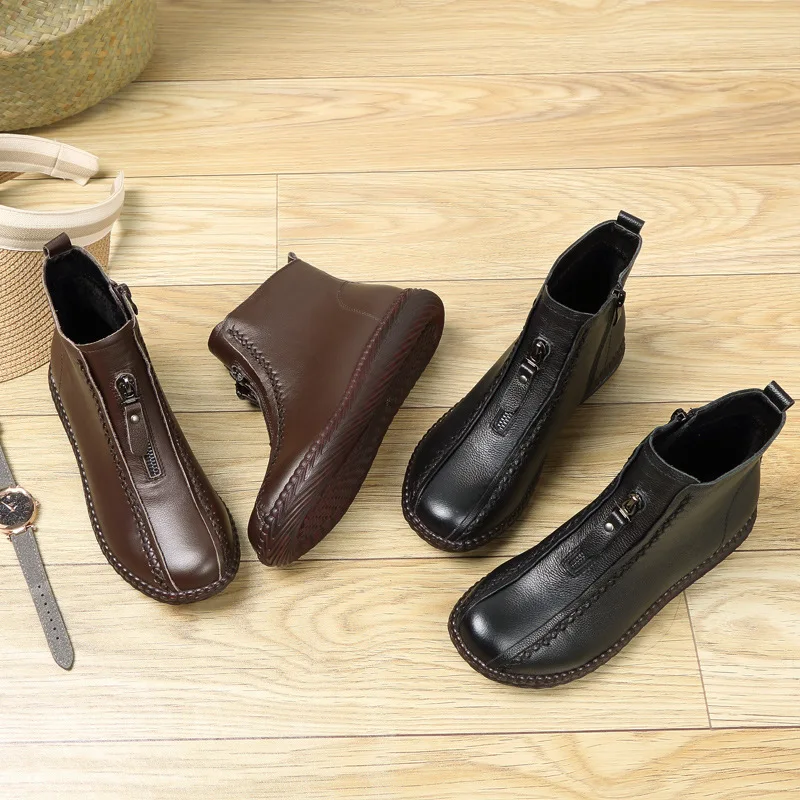 2021 Winter Boots Women Genuine Leather Shoes For Mother Woman Autumn Ankle Plush Botas Mujer EU35-41 WSH3702 | Обувь