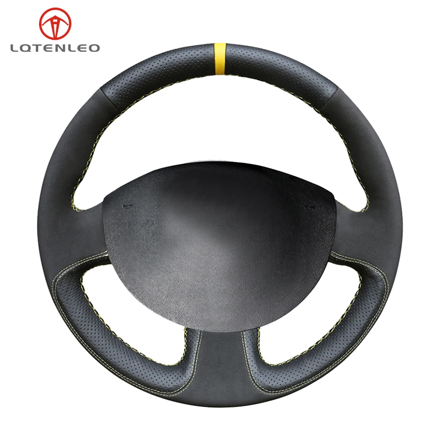 

LQTENLEO Black Genuine Leather Suede Car Steering Wheel Cover for Renault Megane 2 2003-2008 Kangoo 2008-2012 Scenic 2 2003-2010