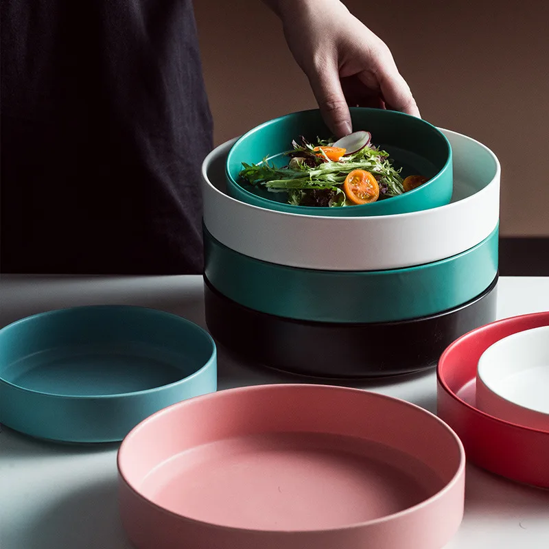 

Pure Color Round Ceramic Salad Fruit Plate Household Porcelain Tableware Soup Bowl Hotel Dishes Bowl Kitchen Utensils Home Decor