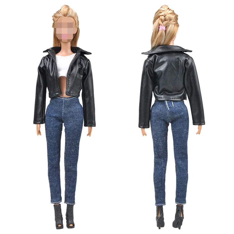 

Leather coat + white top + jeans pants / clothing set outfit for 1/6 BJD Xinyi FR ST Barbie Doll / 30cm doll clothes