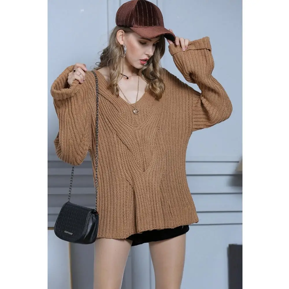 

Fashion trend pure color sexy V neck sweater pit loose long-sleeved sweater top