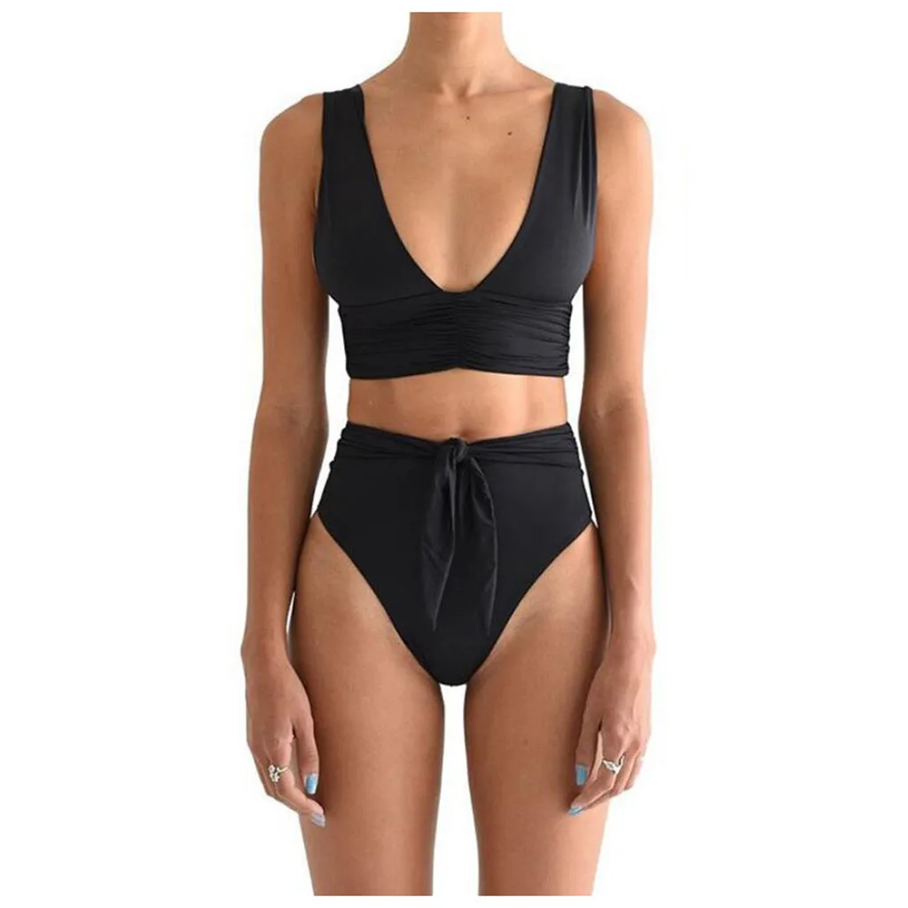 Однотонный комплект бикини Женский бандажный купальник из двух предметов с