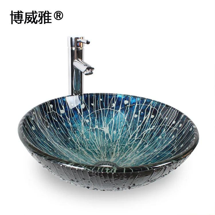 

Sanitary ware Blue hand-painted glass art basin wash basin combination cabinet bathroom above counter basin basin