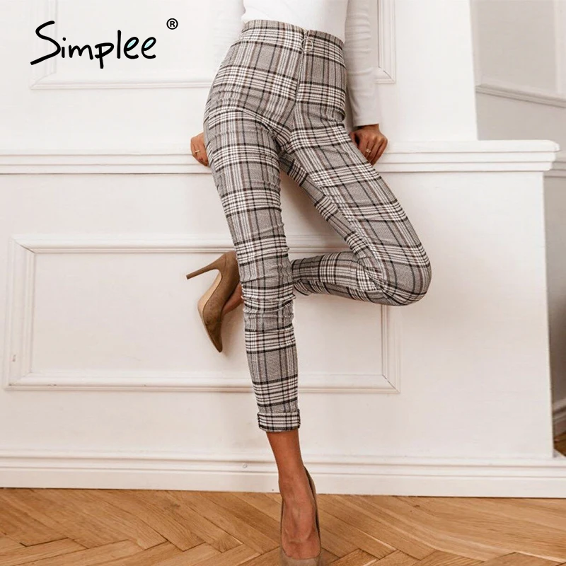 Женские винтажные прямые клетчатые брюки Simplee офисные с высокой талией уличные