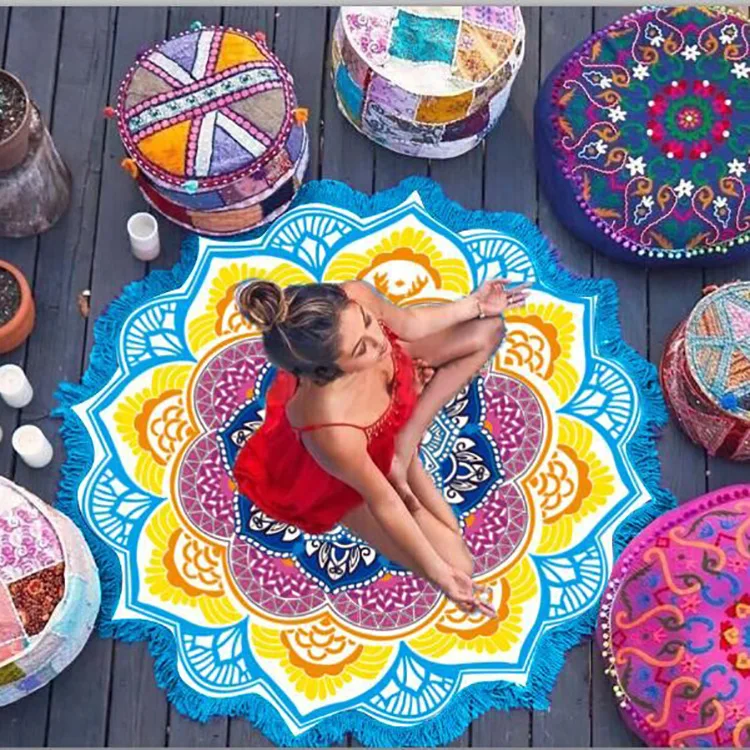 

Yoga Mat Chakra Beach Towel Tassel Toalla Mandala Tapestry Sunblock Round Cover-Up Bath Towel Lotus Bohemian 150cm