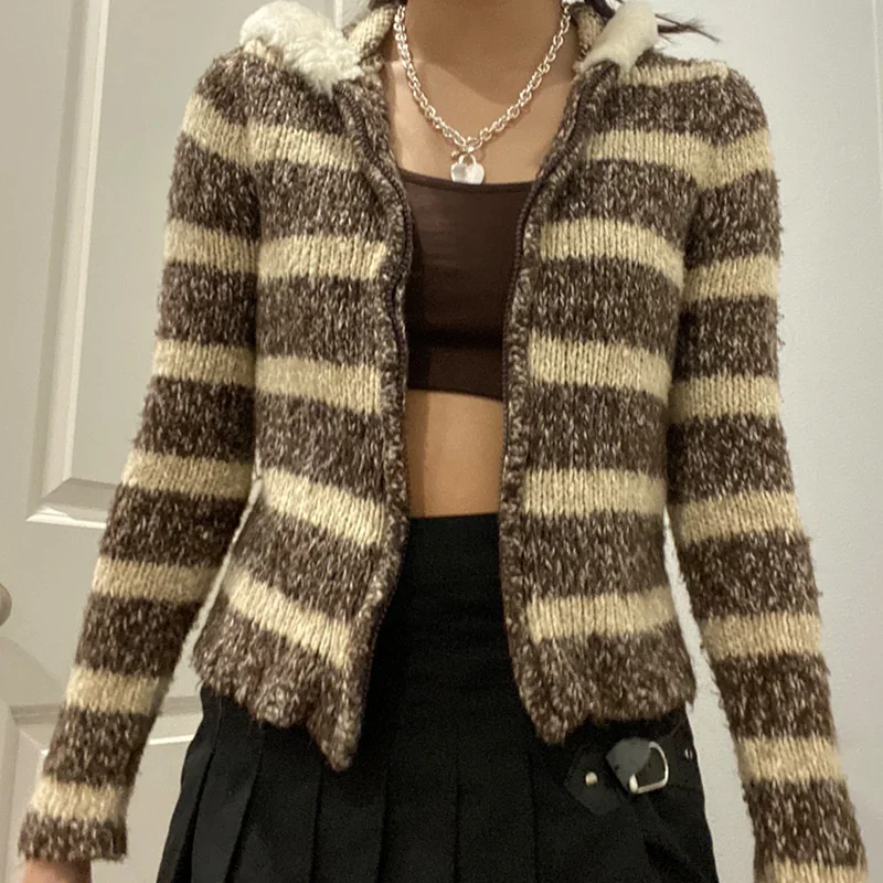 

Женская приталенная куртка на молнии, шерстяная куртка контрастных цветов с капюшоном и полосками, осень 2021