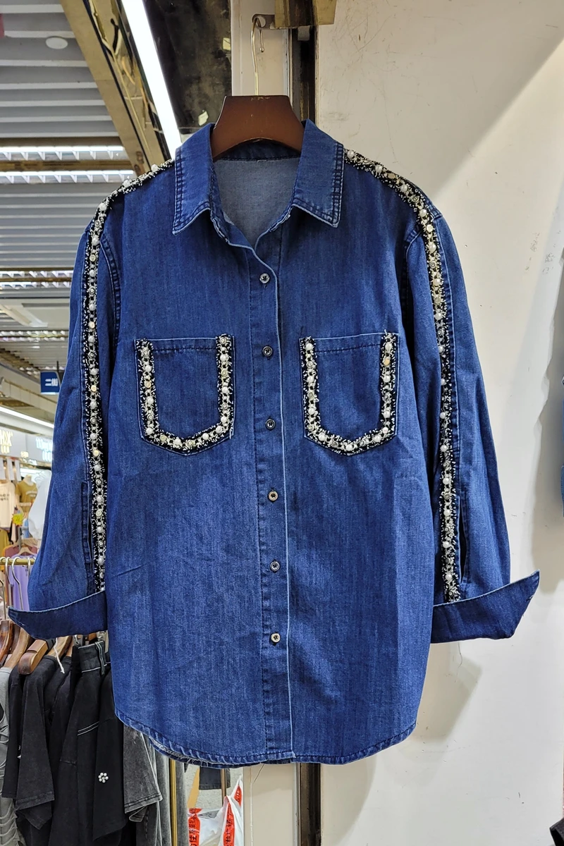 

2021 Summer Women New Pearl Beaded Spliced Long Sleeve Shirt Lady Lapel Loose Slimming Blue Denim Shirt