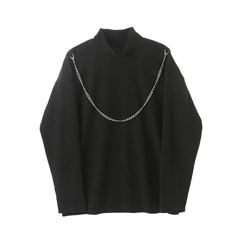

Spring and autumn show style chain decoration small high collar bottoming shirt T-shirt men's versatile solid color loose long s