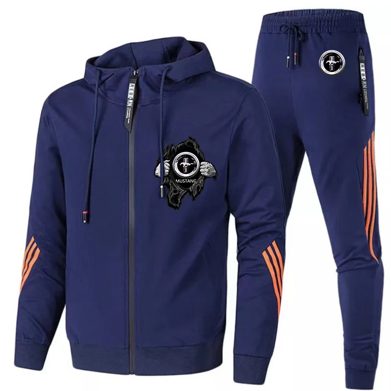 

2021 Mustang Print Spring Autumn Mens Hoodies Sweatpants Man's Comfortable Cotton Trousers Sport Suit Set clothes