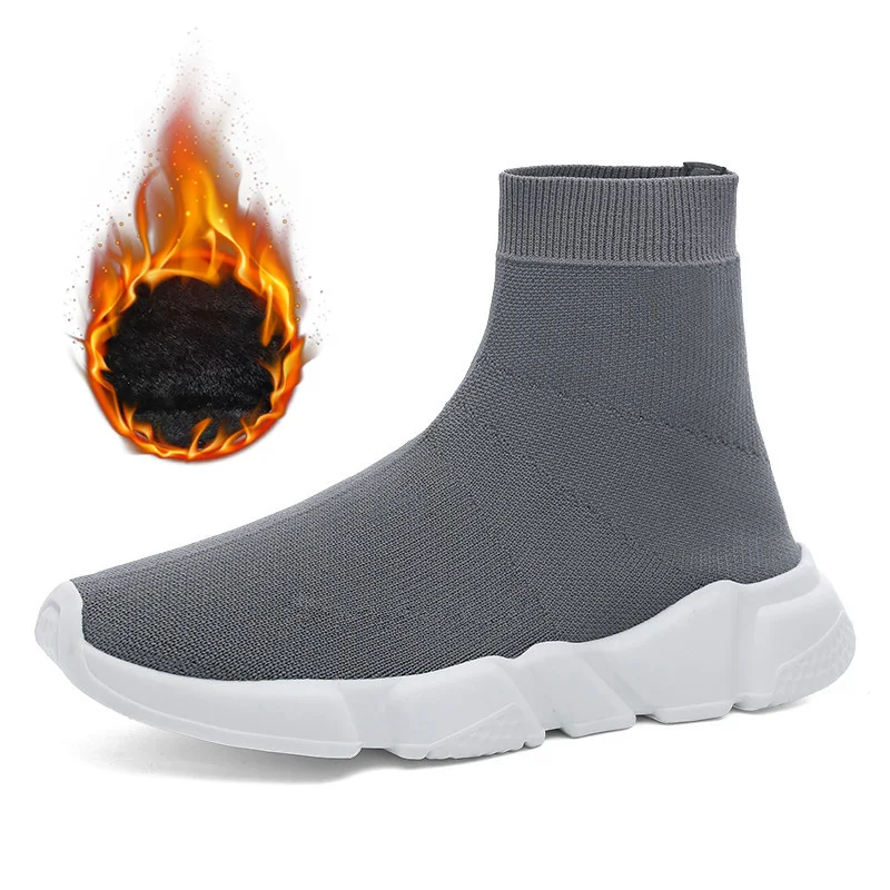 Gray With Fur Женские кроссовки из вулканизированного материала, на плоской подошве, тянущиеся, вязаные, меховые носки, ботинки размера плюс, мужские, женские короткие ботинки, женская обувь на платформе - Цвет: Gray With Fur