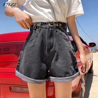 ftlzz summer vintage women high waist button blue denim shorts casual female solid color wide leg loose gray jeans shorts