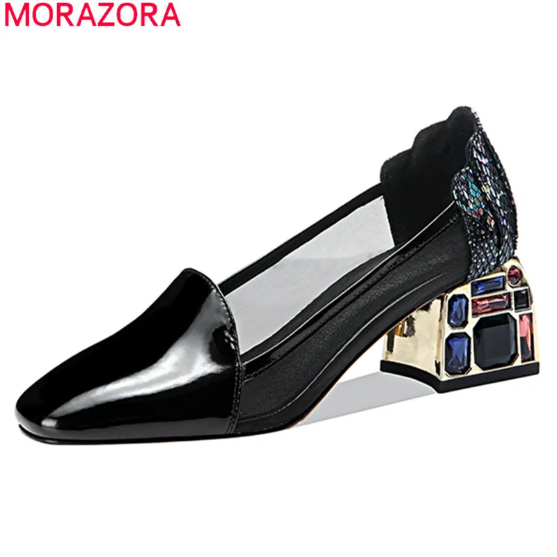 Женские модельные туфли MORAZORA черные из натуральной кожи на толстом каблуке с