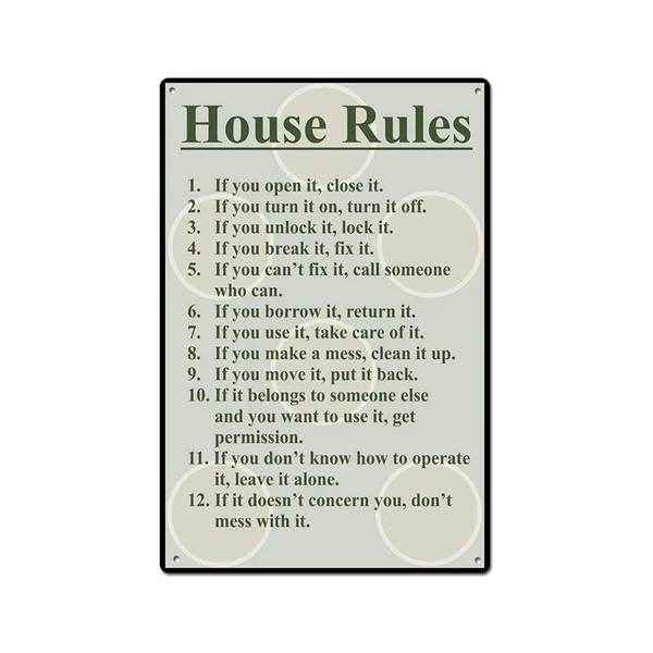 

House Rules Funny Tin Sign Metal Sign Metal Decor Wall Sign Wall Poster Wall Decor Door Plaque TIN Sign