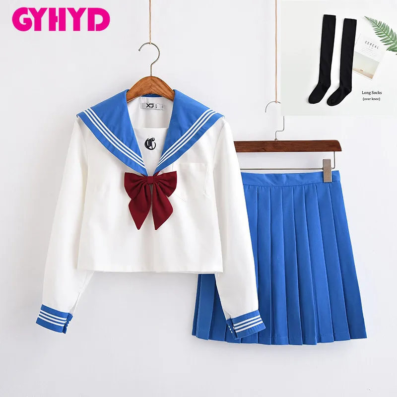Long Set With Socks Синяя школьная форма с длинными рукавами Япония JK Униформа старшеклассник для девочек - Цвет: Long Set With Socks
