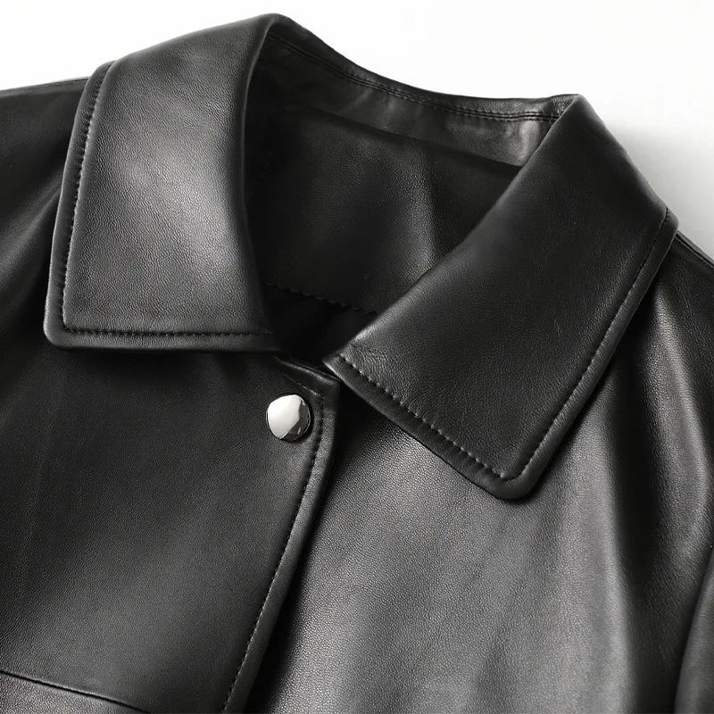 Women's Simple Sheepskin Spring New Casual High Quality Jacket Covered Button Women Loose Real Leather Black Coat with Pockets