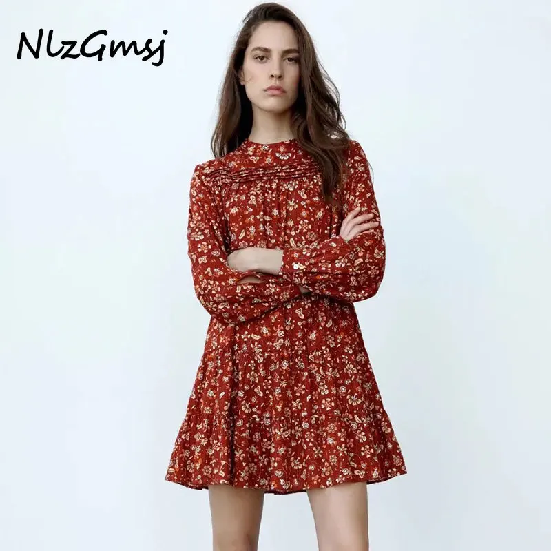 

Nlzgmsj Za Dress Women 2021 Vintage Print Mini Dress Long Sleeve Elastic waist Female Elegant A-Line Dresses Vestidos 202110