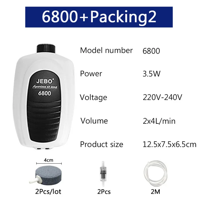 6800 packing2 JEBO низкий децибел аквариумный воздушный насос Регулируемый воздушный объем воздушный компрессор кислородный воздушный насос один и двойной выход 220-240 В - Цвет: 6800 packing2