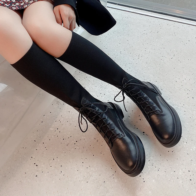 Beli Ukuran 34-43 Seksi Kulit Asli Paha Tinggi Sepatu Wanita Sepatu Hak Tinggi Sepatu Bot Setinggi Lutut Untuk Wanita Ujung Bulat Panjang Sepatu Cross-Tied