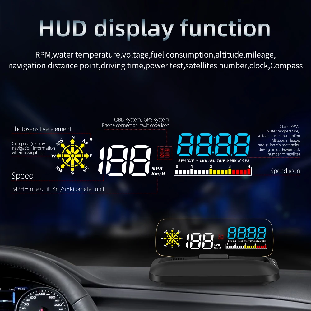 

Проектор скорости лобового стекла автомобиля HUD C5, прибор OBD2 с GPS, совместим со всеми автомобилями