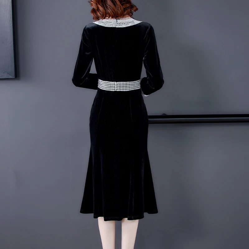 

2021 Autumn Vintage Black Gold Velvet Midi Dresses Winter Casual Solid 3XL Plus Size Dress Women Classy Bodycon Wedding Vestido