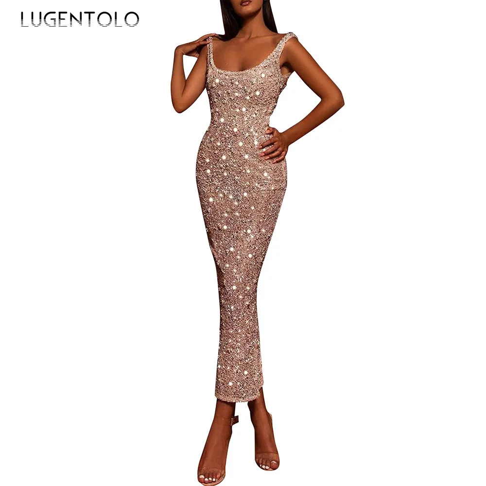 

Lugentolo Women Elegant Dress Sexy Party Temperament Sequined High Waist Strapless Sleeveless Sheath Summer Fashion Dresses
