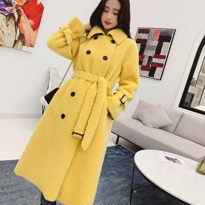 Lamb Wool Coat Mid-length Multicolor Lapel Real Fur Coat Ladies Winter Coat Wool 2022  Coat Lemon Yellow Peach RedY26