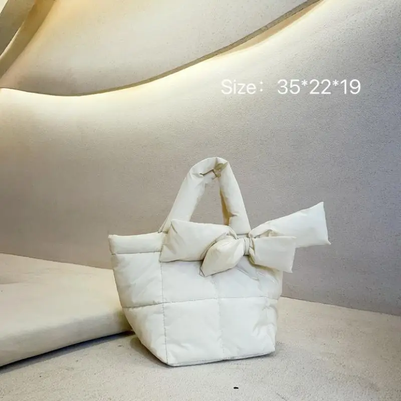 

Space Cotton Bow Tote Women Handbag and Purses Winter Down Padded Women's Shoulder Bag 2021 Elegant Lady Quilted Bags Crossbody