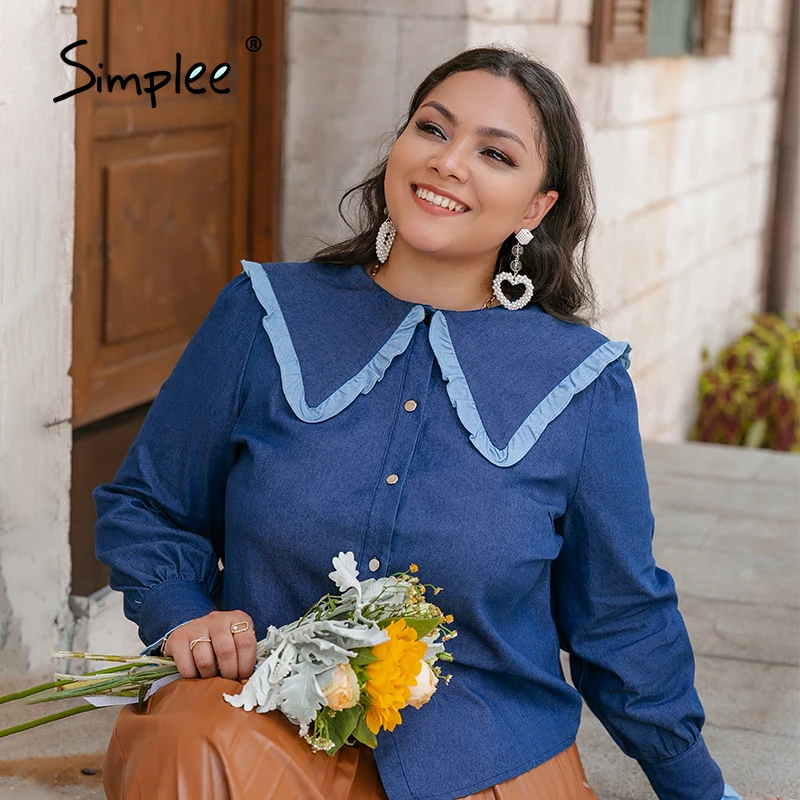 

Simplee Autumn School Girls Solid Women Plus Size Blouse Navy Collar Blue Ladies Casual Blouse Full Poet Sleeves Female Tops